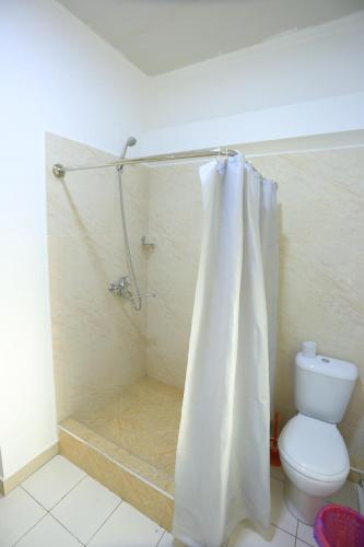 La salle de bains est pourvue d'une douche, de toilettes et d'un rideau de douche. dans l'établissement TINY ART HOUSE HOTEL near Airport of Samarkand, à Samarcande
