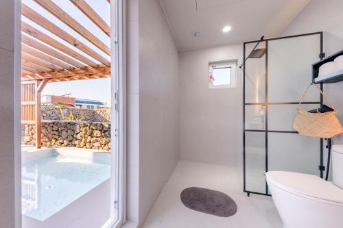 a bathroom with a shower and a toilet at Tov & Kara in Jeju