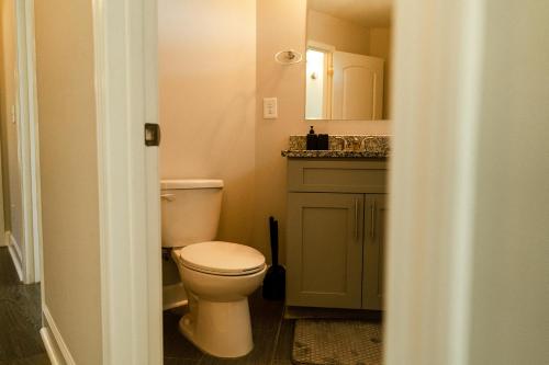 a bathroom with a toilet and a sink at Enjoy this mini-mansion near downtown and the airport! in Atlanta