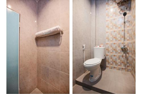 two pictures of a bathroom with a toilet and a shower at OYO 725 My Arm Home & Stay in Medan