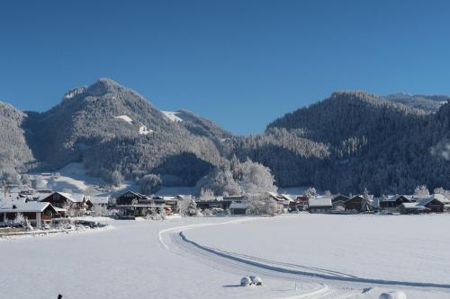 a town in the snow with mountains in the background at Ferienwohnung Mian in Bezau