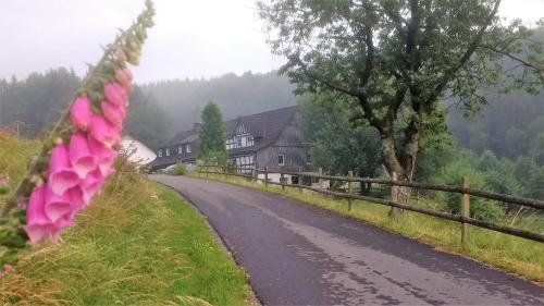 uma estrada com uma cerca e casas numa colina em Hase em Eslohe