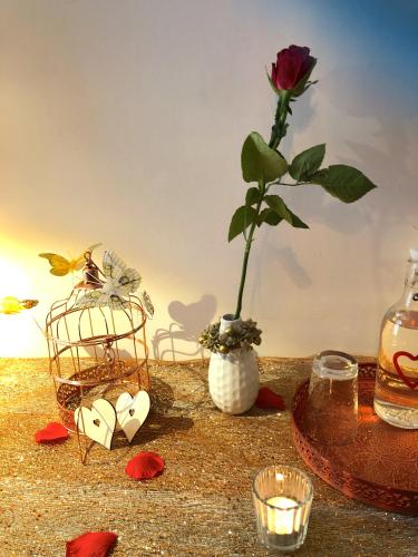 a table with a flower in a vase and a bird cage with a rose at Au Bien Venu in Noé