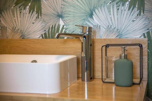 - un lavabo dans la salle de bains et un distributeur de savon sur un comptoir dans l'établissement La Potinière - Maison familiale, à Ryes