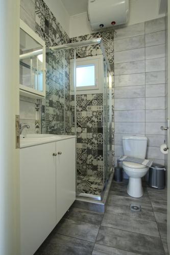 a bathroom with a toilet and a glass shower at Andriana's studio in Parga