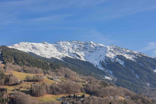 a snow covered mountain with a village in front of it at Apartmenthaus A24 in Schruns-Tschagguns