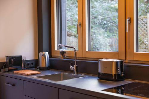 a kitchen counter with a sink and two windows at Apartmenthaus A24 in Schruns-Tschagguns