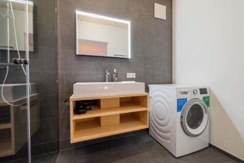a bathroom with a sink and a washing machine at Apartmenthaus A24 in Schruns-Tschagguns