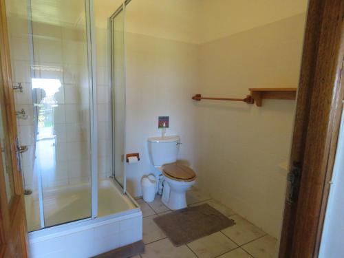 a bathroom with a toilet and a glass shower at Mentors Country Estate in Jeffreys Bay