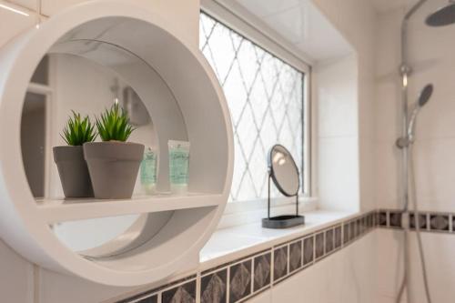 a bathroom with a mirror and plants on a shelf at Leed City Centre - Armley Wortley in Leeds