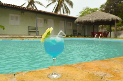 a blue drink sitting on a table next to a swimming pool at Paraíso das Canárias in Araioses