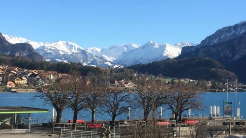 - une vue sur un lac avec des montagnes enneigées dans l'établissement Al Porto Fantastic Lake & Mountain View Apartment, à Brienz