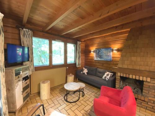 a living room with a couch and a fireplace at LE MONTAGNARD Chalet en bois in La Bresse