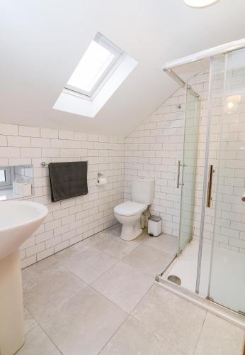 a bathroom with a toilet and a shower and a sink at The RED KEEP Fab Location - Two Bed - Two Bathrooms -Townhouse in Galway