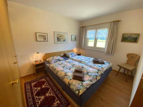 Schlafzimmer mit einem Bett und einem Fenster in der Unterkunft Chesa Florineth  Studio ÖV und Bergbahnen inklusive Sommer in Samedan