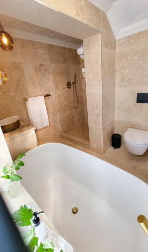 a bathroom with a bath tub and a toilet at Batavia Boutique Hotel in Stellenbosch
