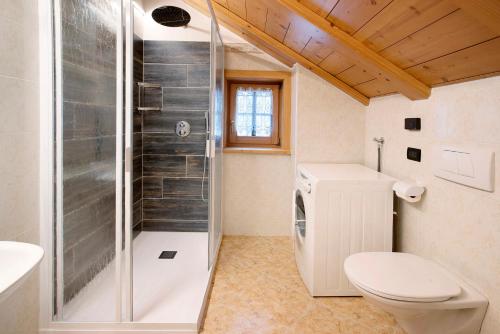 uma casa de banho com um chuveiro e um WC. em Appartamento Gemma em Livigno
