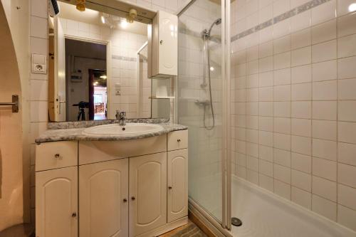 uma casa de banho com um lavatório e um chuveiro em JARDIN STE ANNE em Carcassonne
