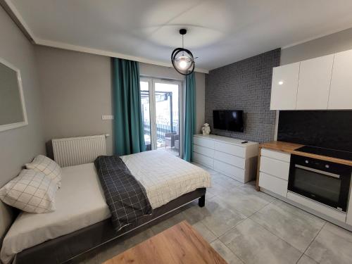 una camera con letto e una cucina con TV di Parkcity Bogucice Karoliny a Katowice