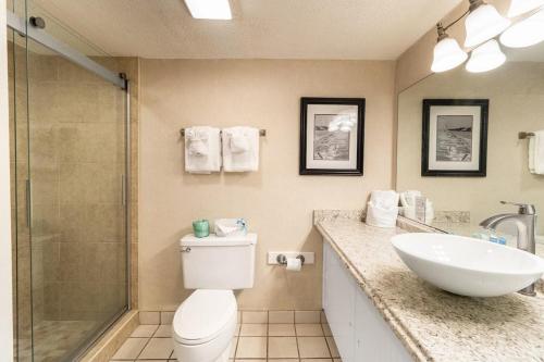 ein Bad mit einem WC, einem Waschbecken und einer Dusche in der Unterkunft Superb 3rd Floor Oceanfront King Room in Pawleys Island