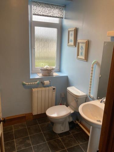 a bathroom with a toilet and a sink and a window at Station House Self Catering, Catton in Hexham