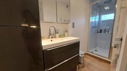 une petite cuisine avec un évier et un réfrigérateur dans l'établissement Fois Pêcheur, à Valras-Plage