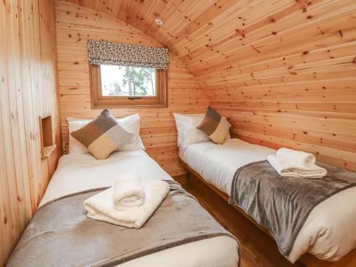 dwa łóżka w drewnianym domku z oknem w obiekcie Primrose w mieście Rhayader