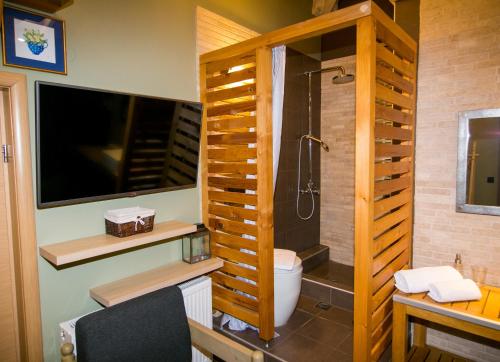 uma casa de banho com um chuveiro e um WC e uma televisão em Villa Porgio Mountain View em Serres