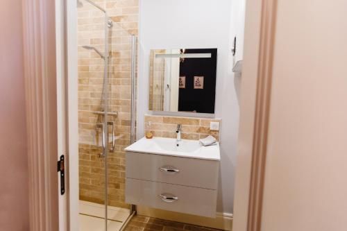La salle de bains est pourvue d'un lavabo et d'une douche. dans l'établissement Bordeaux Saint André - elegant, central and quiet, à Bordeaux