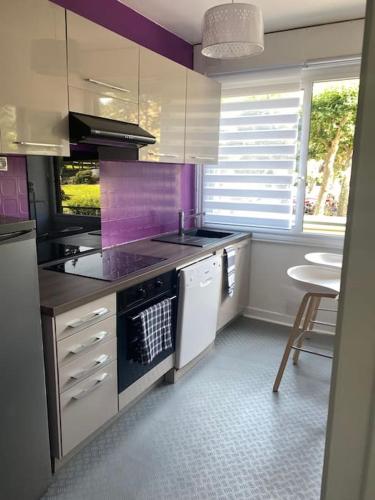 une cuisine avec des appareils violets, une table et une chaise dans l'établissement Appartement*Centre historique*Parking*Terrasse, à Sarlat-la-Canéda