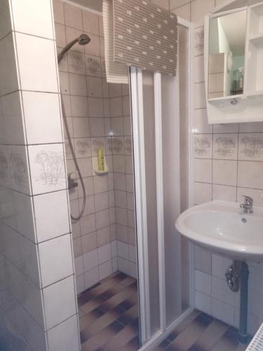 a bathroom with a shower and a sink at Ferienwohnung Charlotte in Below