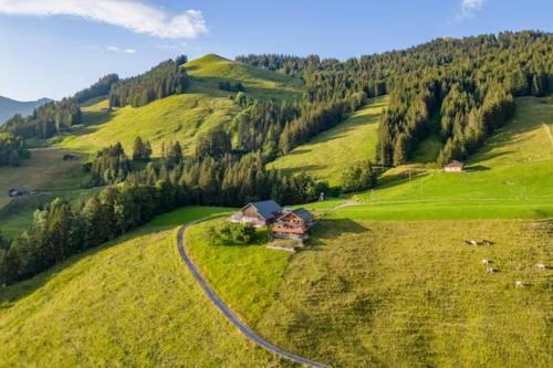 ein Haus auf einem grünen Hügel mit Bahngleisen in der Unterkunft Mountain Chalet - Panoramic Terraces - Near Gstaad in Devant