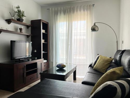 a living room with a couch and a tv at Suite Apartment City Center - Aloha Sevilla in Seville