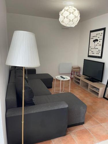 a living room with a black couch and a lamp at Chambre privée dans une colocation avec un balcon in Montpellier