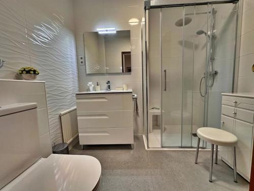 een witte badkamer met een douche en een wastafel bij Pics, centro de Andorra para 6. in Andorra la Vella