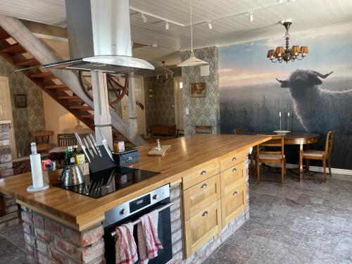 克里斯蒂娜港的住宿－Åkerbo gård charmigt renoverad flygel，厨房配有柜台和带羊壁画的桌子