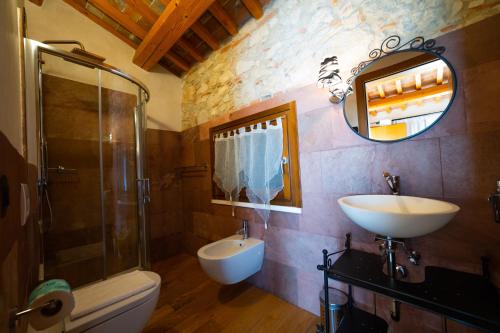 een badkamer met een wastafel, een toilet en een spiegel bij AGRITURISMO RIVA RATTA in Montecchio Maggiore