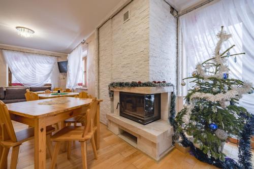 a living room with a fireplace and a christmas tree at U Marii & Mariana in Leśnica