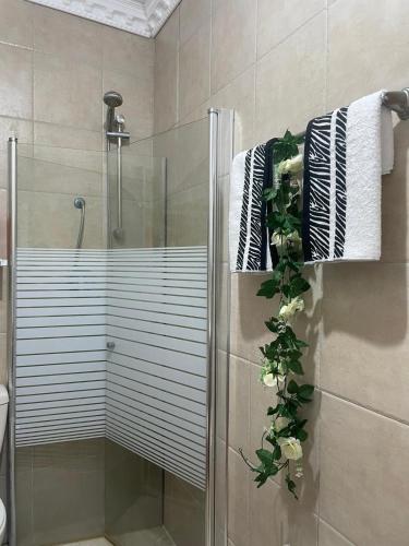 eine Dusche im Bad mit einer Glasdusche an der Hintertür in der Unterkunft צימר אלין בכפר in Kiryat Ekron