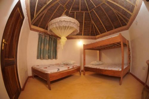 姆特瓦拉的住宿－AFLII Beach Club ( Zanzibar Beach )，配有木天花板的客房内的两张双层床