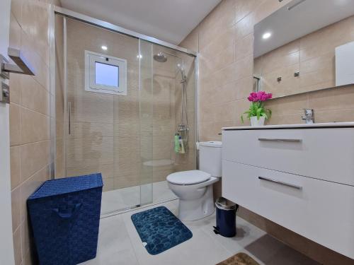 a bathroom with a shower and a toilet and a sink at MALVASIA 5 in Famara