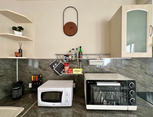 encimera de cocina con microondas y fregadero en PETIT CAPUCIN, en Carcassonne