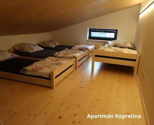 Habitación con 4 camas y ventana en Apartmány Štramberk, en Štramberk