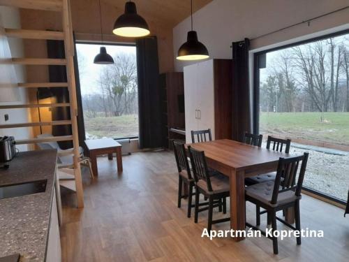 a dining room with a wooden table and chairs at Apartmány Štramberk in Štramberk