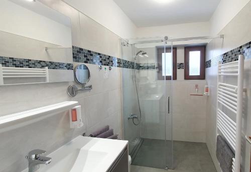 bagno bianco con doccia e lavandino di Hotel Garni Haus Alpine - Chiemgau Karte inkl a Ruhpolding