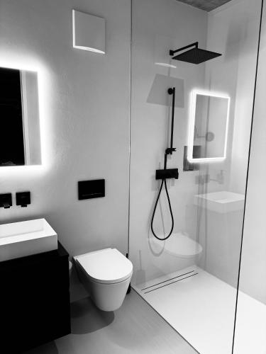 a white bathroom with a shower and a toilet at Design Flat Hidden Pearl Davos in Davos