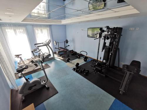 a gym with several treadmills and machines in a room at AKZENT Hotel Bayerwald-Residenz in Neukirchen