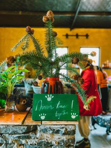 a vase with christmas trees in it on a table at Maison de Hill Home in Dồng Văn