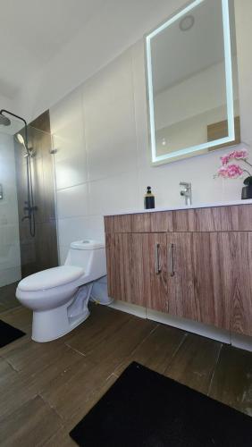 a bathroom with a toilet and a sink and a mirror at Modern Boho Apt in Punta Cana in Punta Cana