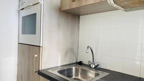 uma cozinha com um lavatório de aço inoxidável e um micro-ondas em Appartement Les Asphodèles Calvi em Calvi